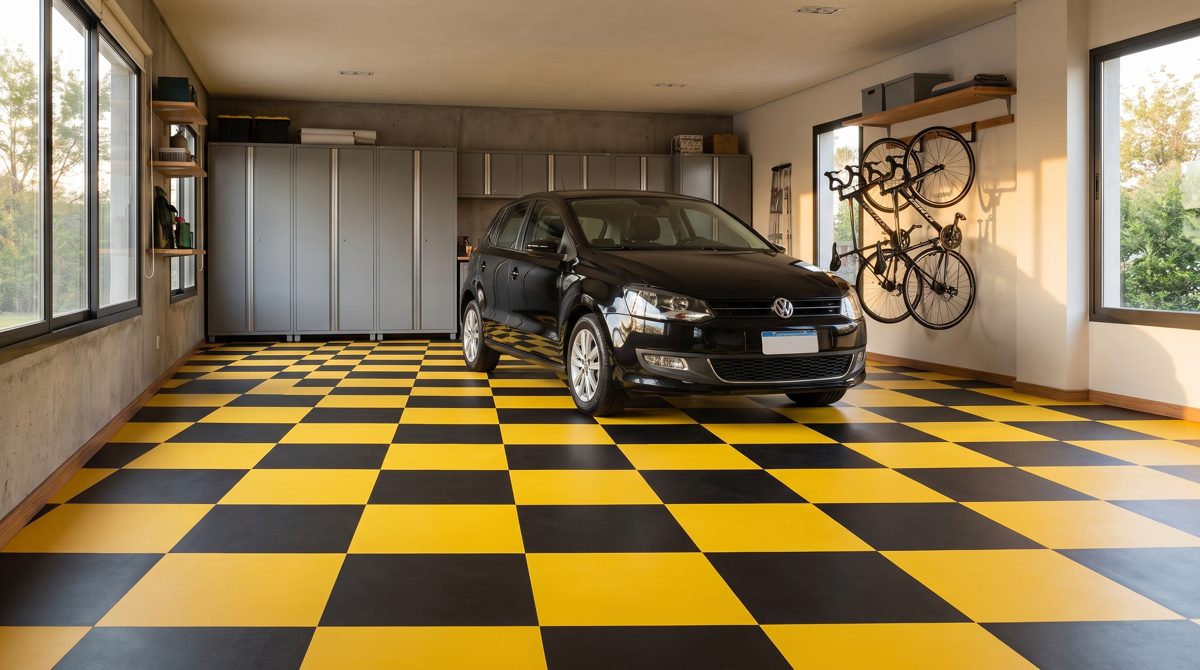 Garaje con piso Kubik en damero negro y amarillo