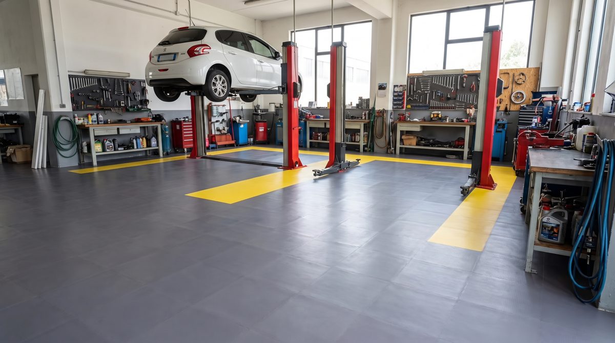 Taller mecánico con piso Kubik gris y sendas amarillas